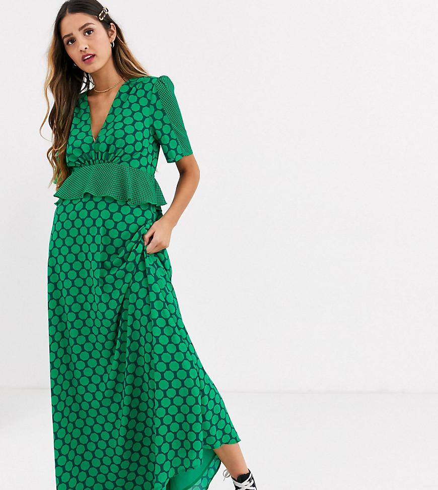 Twisted Wunder ruffle waist detail maxi dress in contrast green polkadot print