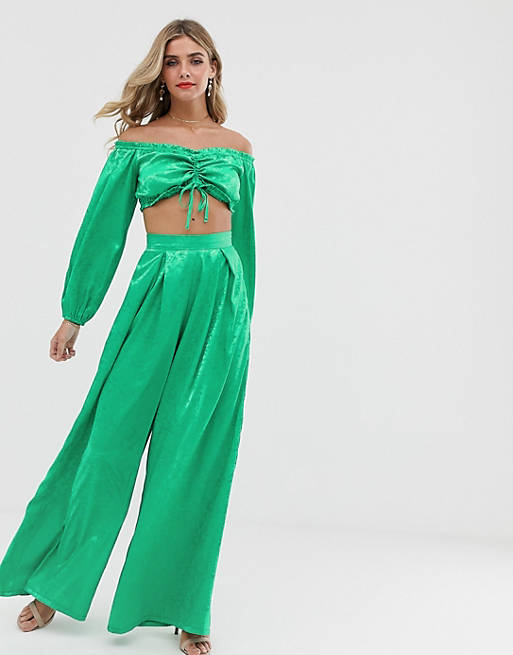Twisted Wunder satin jacquard highwaisted pants in green | ASOS