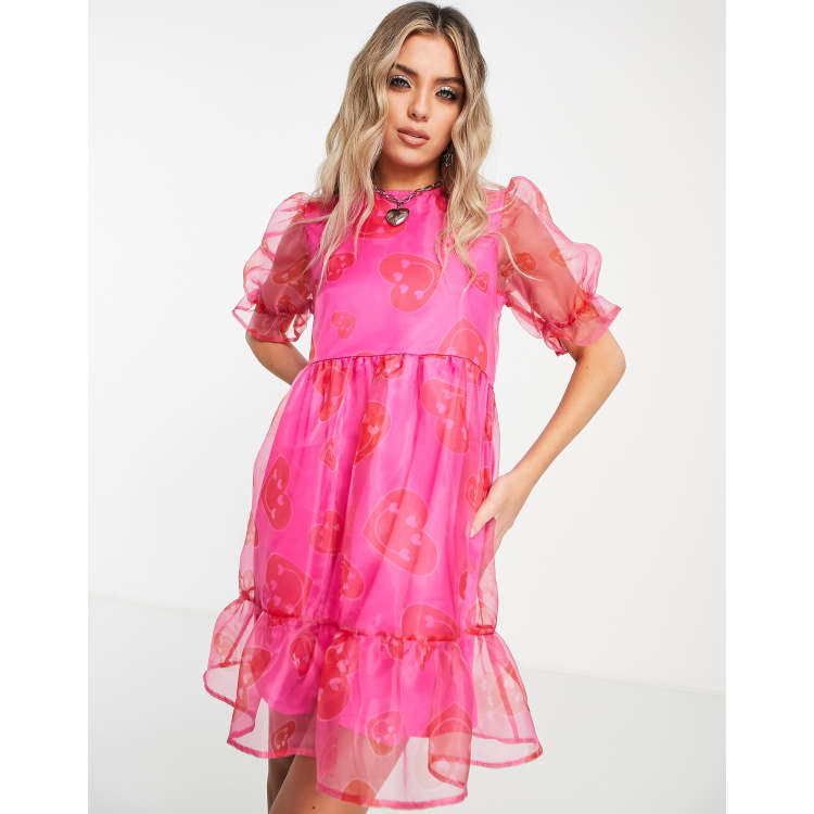 Twisted Wunder smock mini organza dress in happy heart print