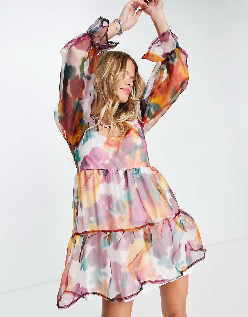 Twisted Wunder smock mini organza dress in watercolour floral-Multi