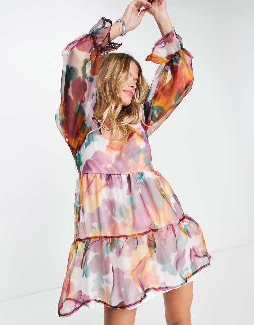 Twisted Wunder smock mini organza dress in watercolour floral