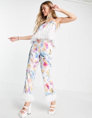 Twisted Wunder straight leg trousers in floral print with faux feather hem co-ord