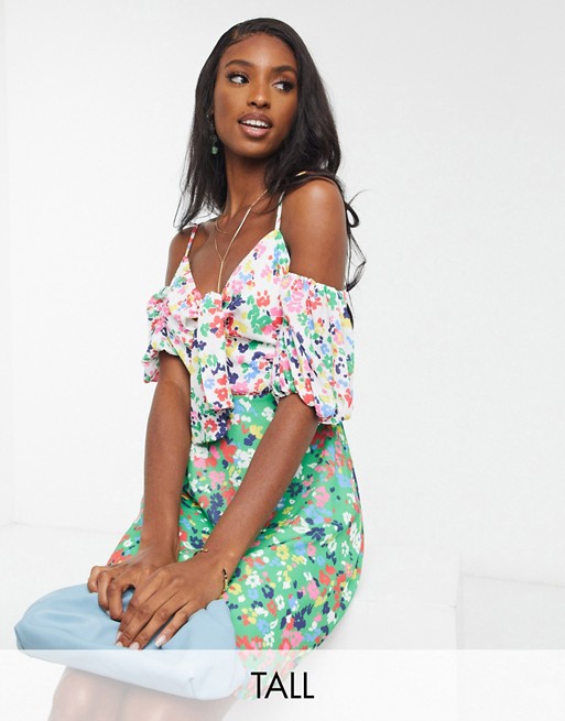 Twisted Wunder Tall off shoulder mini dress in contrast floral print