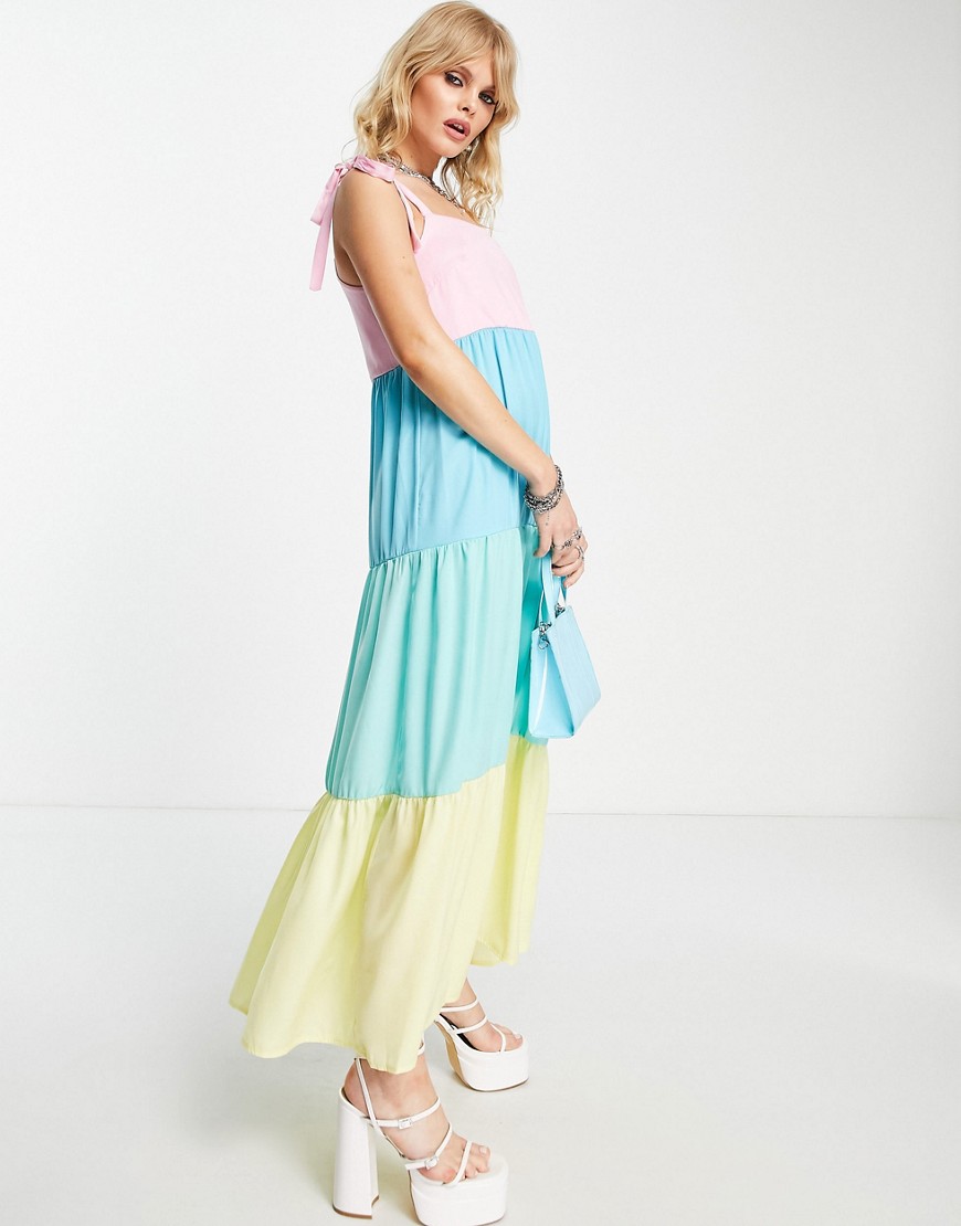 Twisted Wunder Tiered Color Block Midi Dress With Tie Sleeves-multi