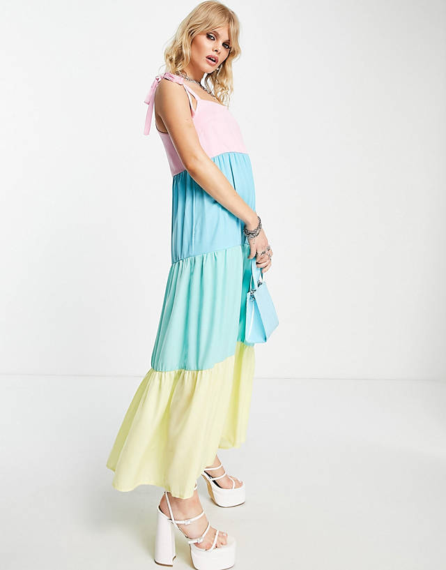 Twisted Wunder tiered color block midi dress with tie sleeves