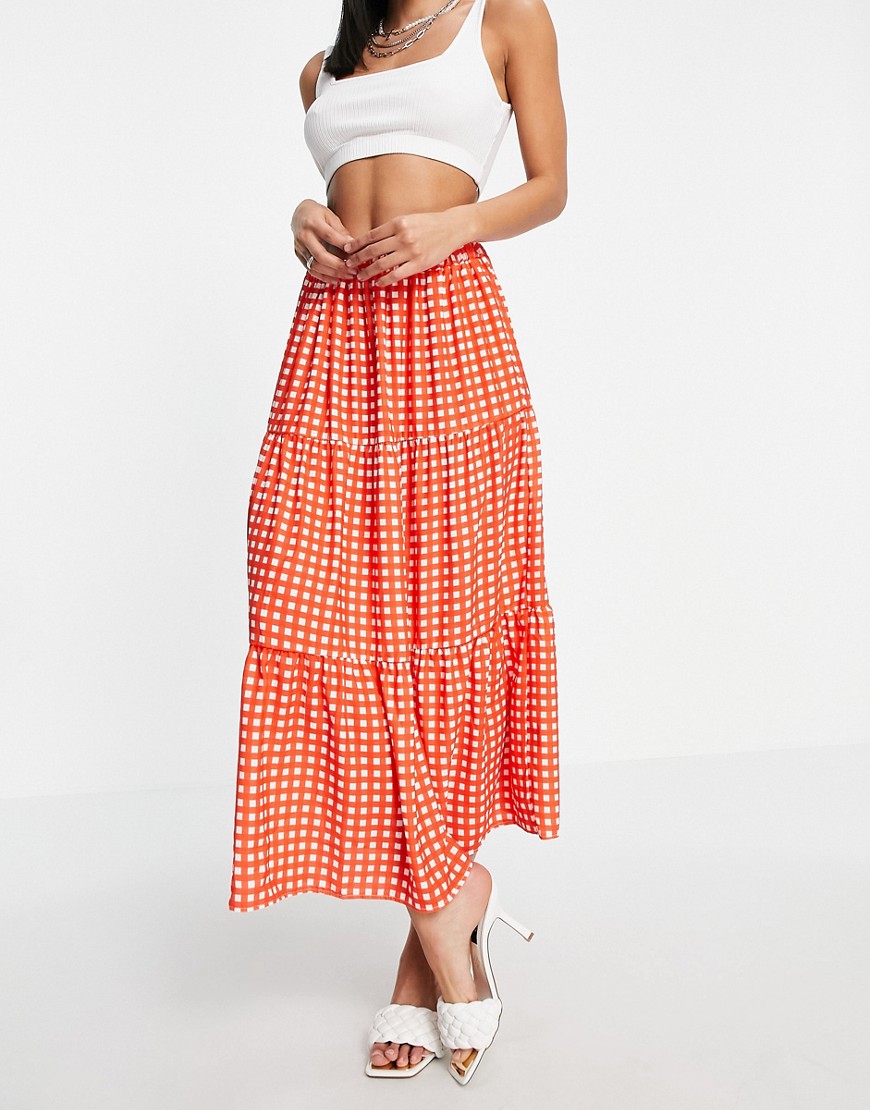 Twisted Wunder tiered midi skirt in contrast check-Multi