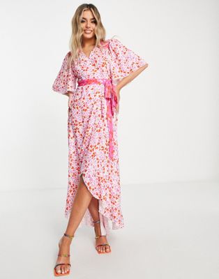 Twisted Wunder wrap front midi dress in contrast heart print