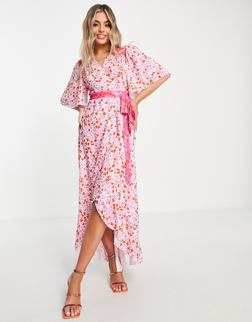 Twisted Wunder wrap front midi dress in contrast heart print-Pink