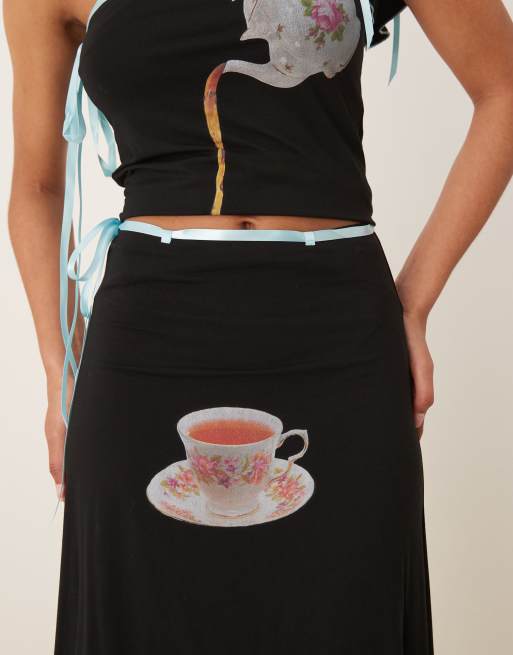 Tyler McGillivary alice tea motif ribbon midi skirt in black
