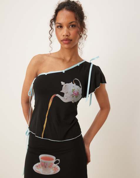 Tyler Mcgillivary alice tea motif ribbon top co-ord in black