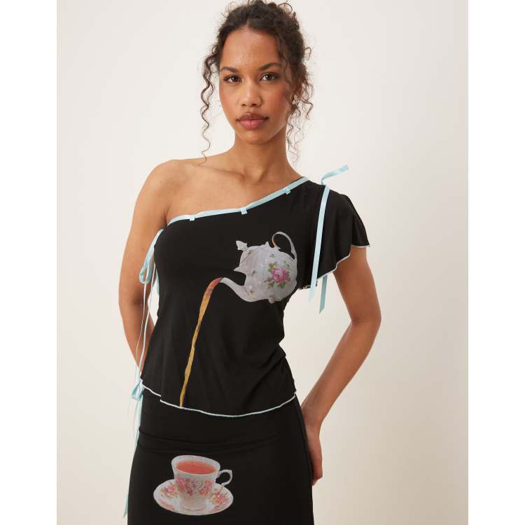 トップス Alice check ribbon tops Tyler McGillivary alice tea motif ribbon top in black - part