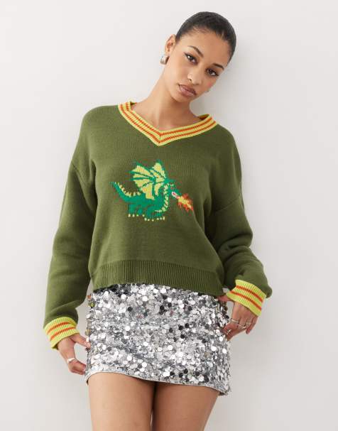 Tyler McGillivary dragon intarsia jumper in khaki green - view 1