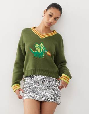 dragon intarsia sweater in khaki green