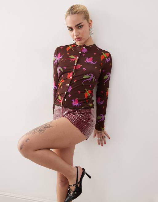 Tyler McGillivary dragon print button up cardigan in brown