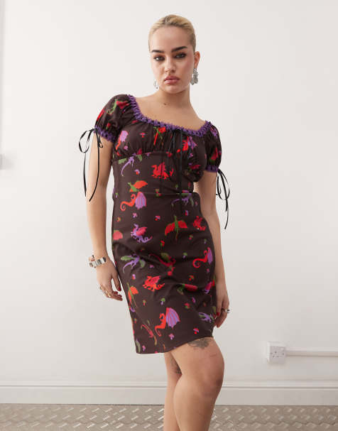 Tyler McGillivary dragon print ribbon detail midi dress in brown - view 1