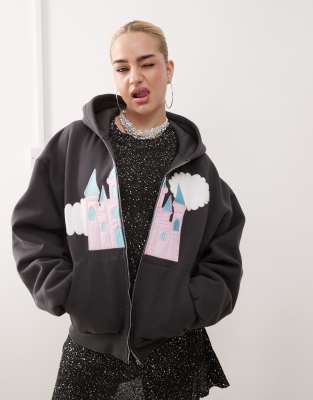 Tyler McGillivary fairytale castle zip through hoodie in grey