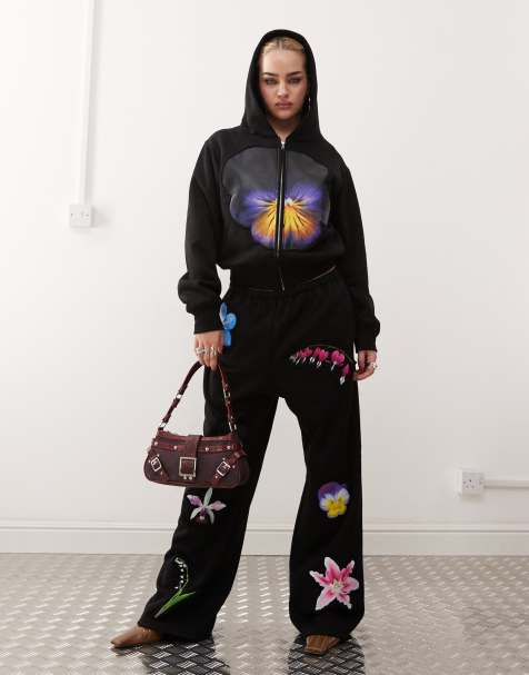 Tyler McGillivary flower bloom print wide leg trousers co-ord in black - view 1