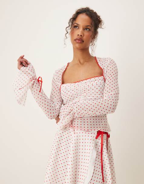 Tyler Mcgillivary franny ruffle sleeve polka dot top co-ord in white and red