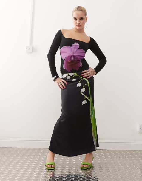 Tyler McGillivary lily of the valley satin midi skirt in black