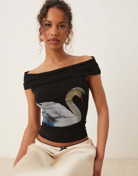 Tyler Mcgillivary mila off-shoulder swan print tank top in black - view 1
