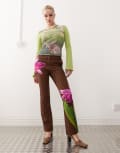 [Tyler McGillivary] Tyler McGillivary orchid print satin straight leg pants in brown 16 BROWN