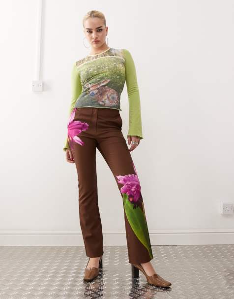 Tyler McGillivary orchid print satin straight leg trousers in brown