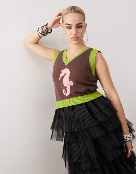 Tyler McGillivary seahorse intarsia knitted vest in brown and green - view 1