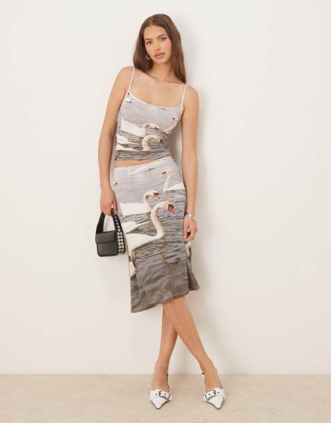 Tyler Mcgillivary swan print slinky skirt co-ord in multi - view 1