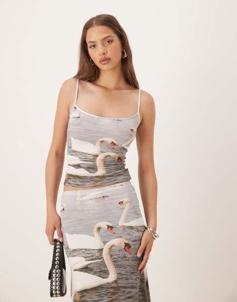 Tyler Mcgillivary swan print slinky tank top co-ord in multi - view 1