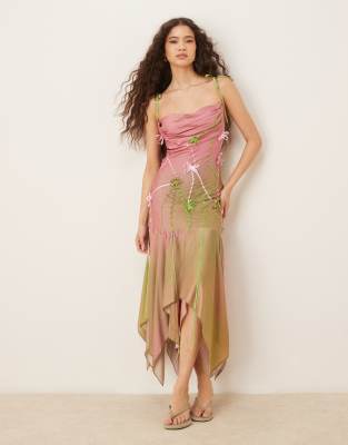 [Tyler McGillivary] Tyler McGillivary Sylvia rainbow swamp ribbon detail midi dress in multi 10 RAINBOW SWAMP