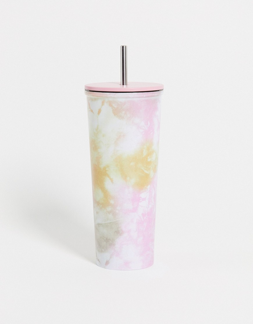 Typo 650ml metal drinks holder with straw in pink tie dye