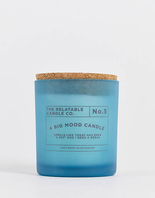 Typo 'a big mood' slogan candle with coco berry bliss scent in blue