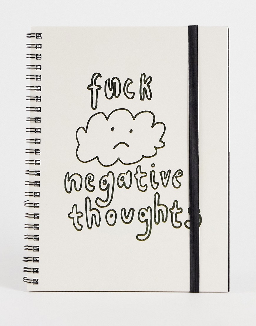 Typo A5 recycled notebook with 'negative thoughts' slogan in white