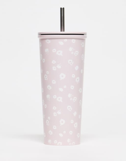 TYPO - Bicchiere in metallo per frullati rosa a fiorellini 