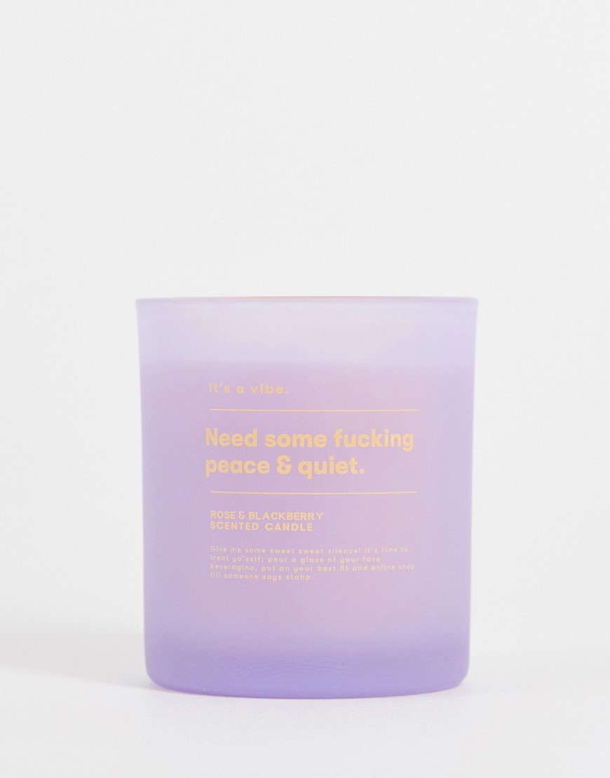 Typo candle with 'peace & quiet' slogan in rose and blackberry scent-Purple
