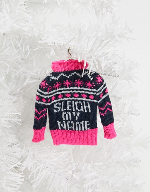 Typo Christmas decoration knitted jumper with slogan sleigh my name