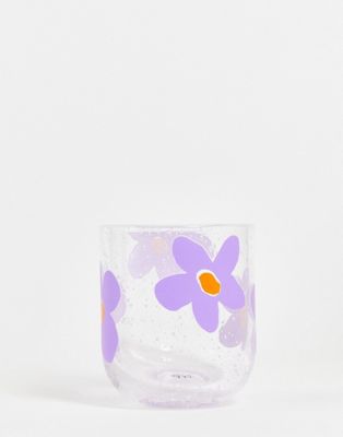 Typo clear glass tumbler in purple flower design
