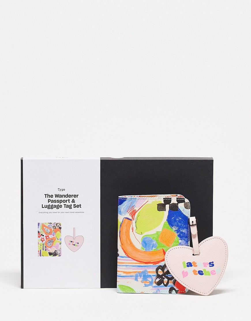 Typo 'laters b*tches' passport & luggage tag set in abstract fruit print-Multi