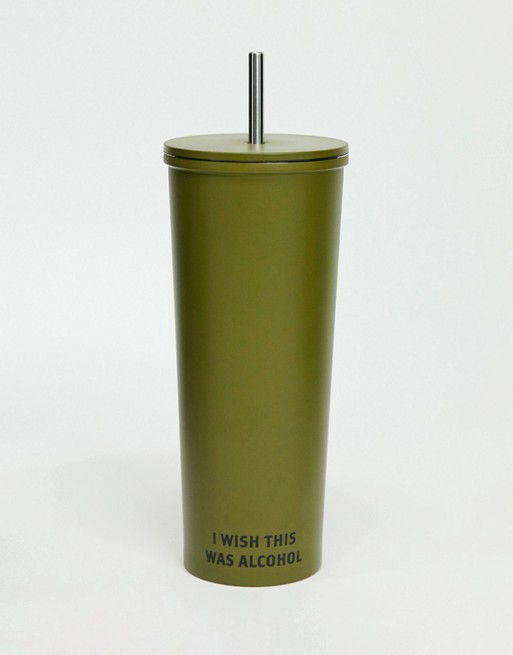 Typo metal drinks holder with straw in green with slogan 'I wish this was alcohol'