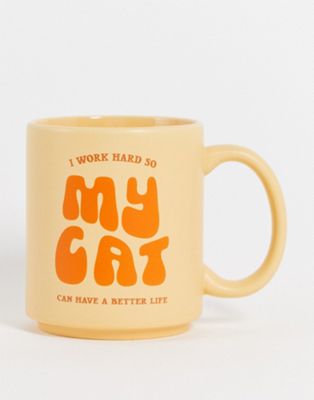 Typo mug with cat slogan in orange