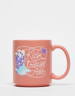 Typo mug with 'kick todays ass' slogal in coral
