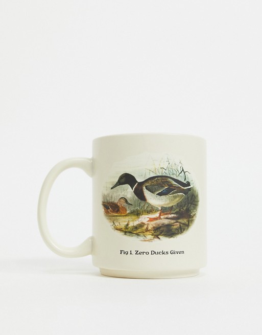 Typo mug with slogan 'no ducks given'