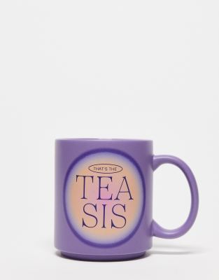 Typo mug with 'tea sis' slogan in purple