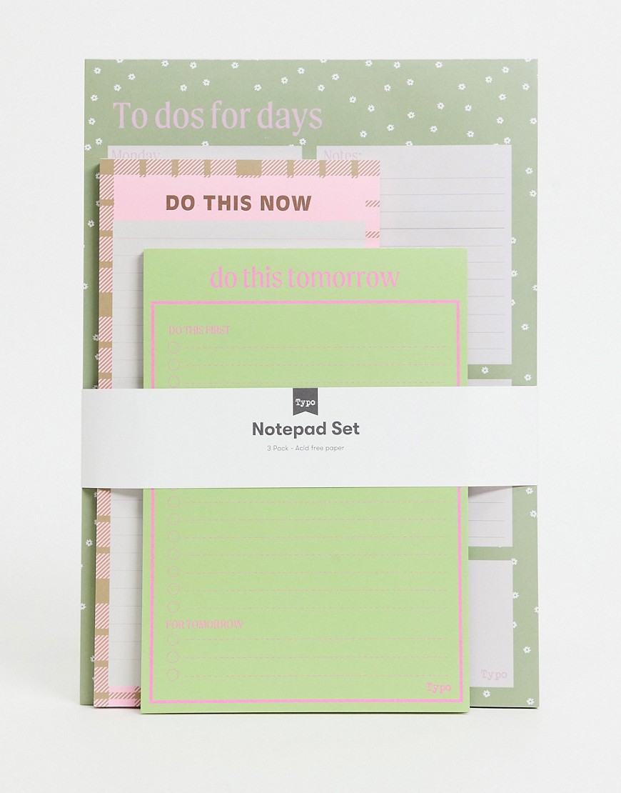 Typo - Multipakke med 3 x notesblokke med ugeplaner i grøn og pink-Multifarvet