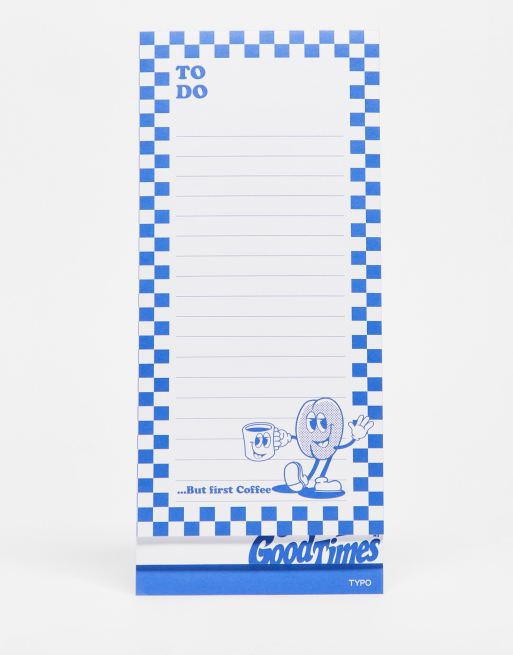 Typo - Notitieblok voor To Do lijstjes met 'But First Coffee' motief en blauw geblokte rand
