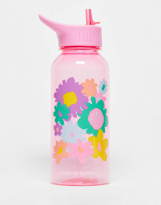 Typo – Rosa, blommig vattenflaska med Drink up Butter-text, 1 l