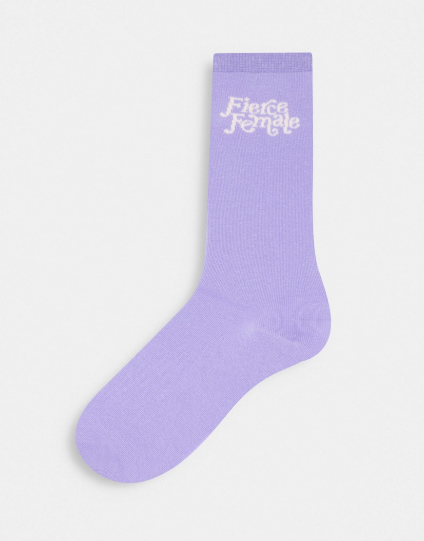 Typo socks in lilac with 'fierce female slogan'-Purple