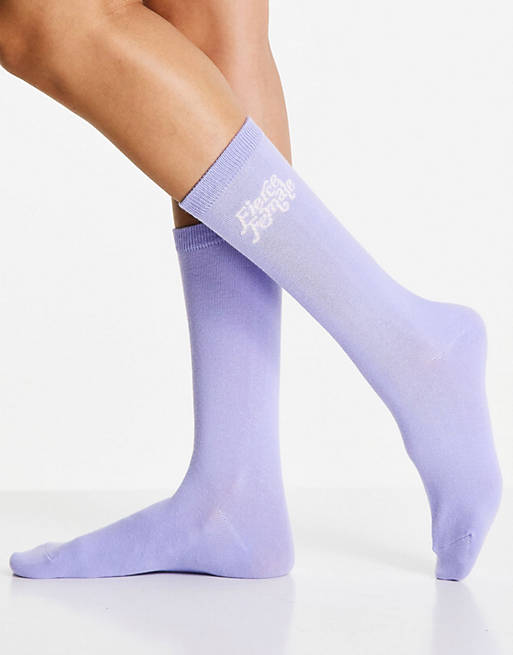 Typo socks in lilac with 'fierce female slogan'