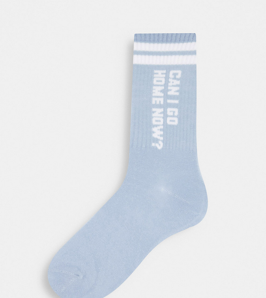 Typo socks with can I go home now slogan in pale blue-Purple