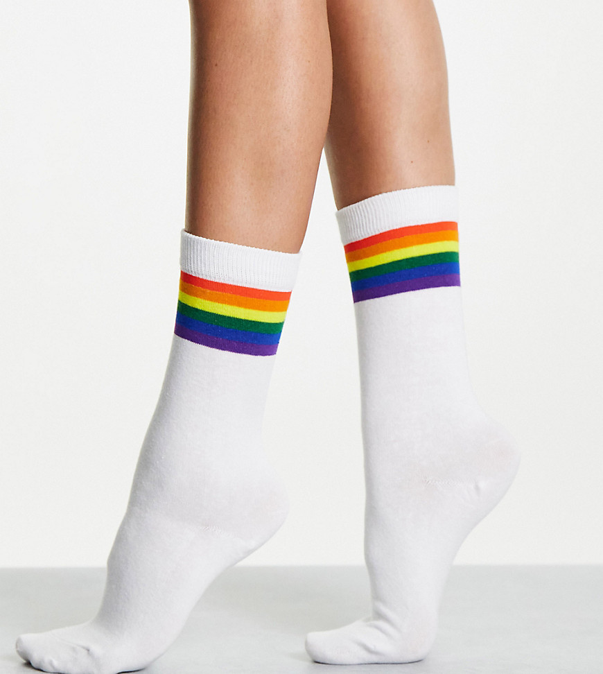 Typo socks with rainbow trim in white